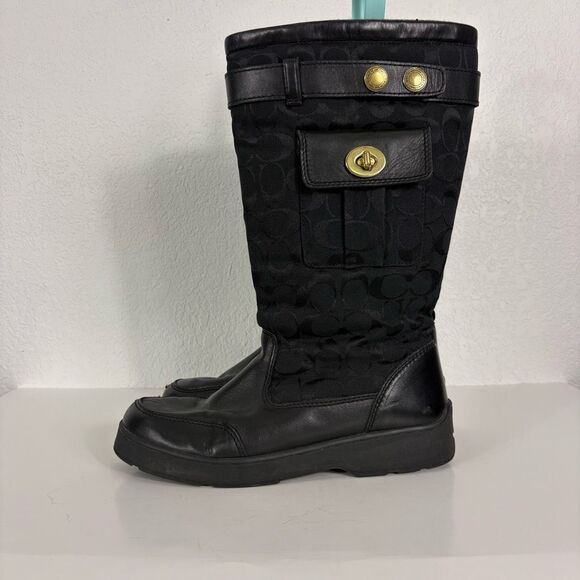 Coach Black Leather Monogram Kayla Signature Logo Tall Winter Boots Size 9.5 - Picture 1 of 14